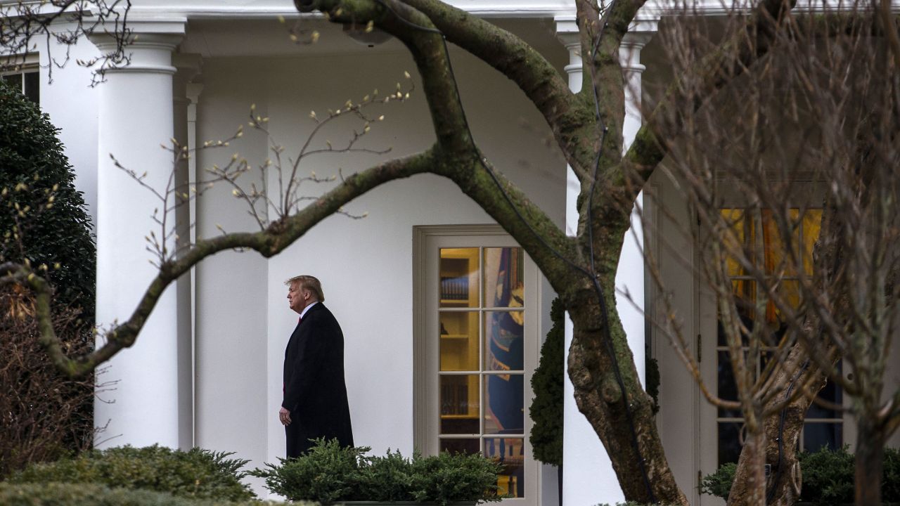 In this February 2020 photo, then-President Donald Trump walks out of the Oval Office of the White House to board Marine One in Washington, DC. 