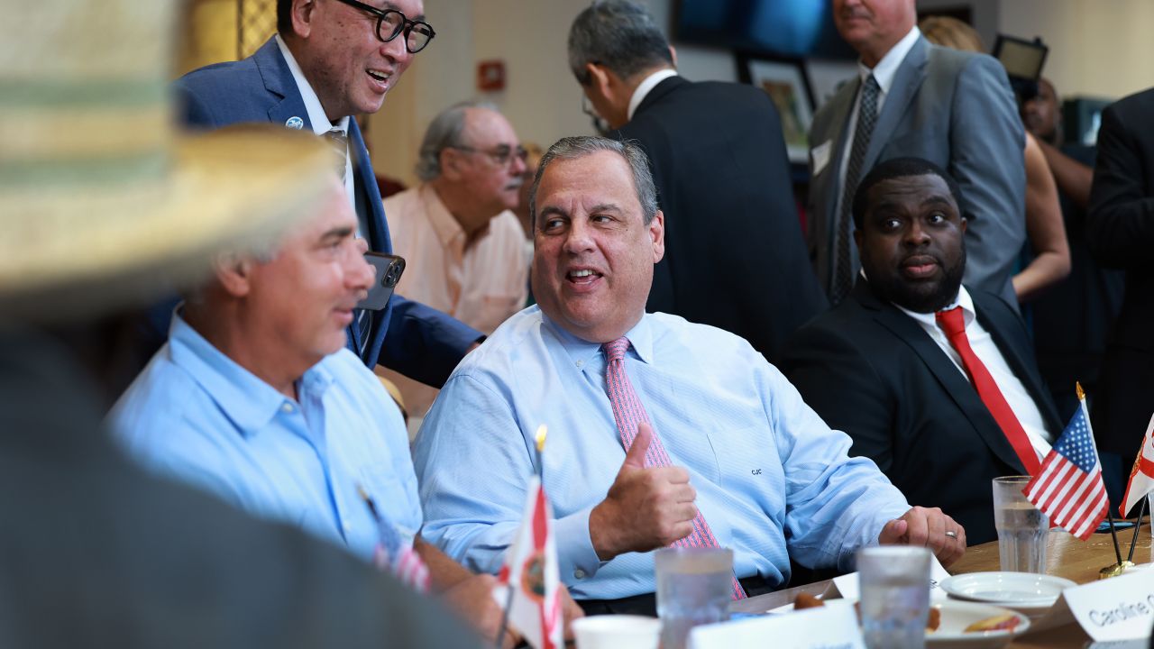 Christie greets people during his town hall at the Casa Cuba restaurant in Miami on August 18, 2023.