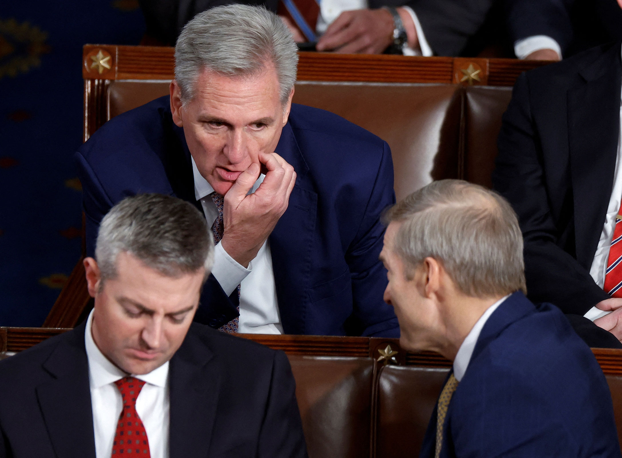 Former Speaker of the House Kevin McCarthy talks with U.S. Rep. Jim Jordan during the first round of voting for a new Speaker of the House on the floor of the House of Representatives at the U.S. Capitol in Washington, DC, on Tuesday.