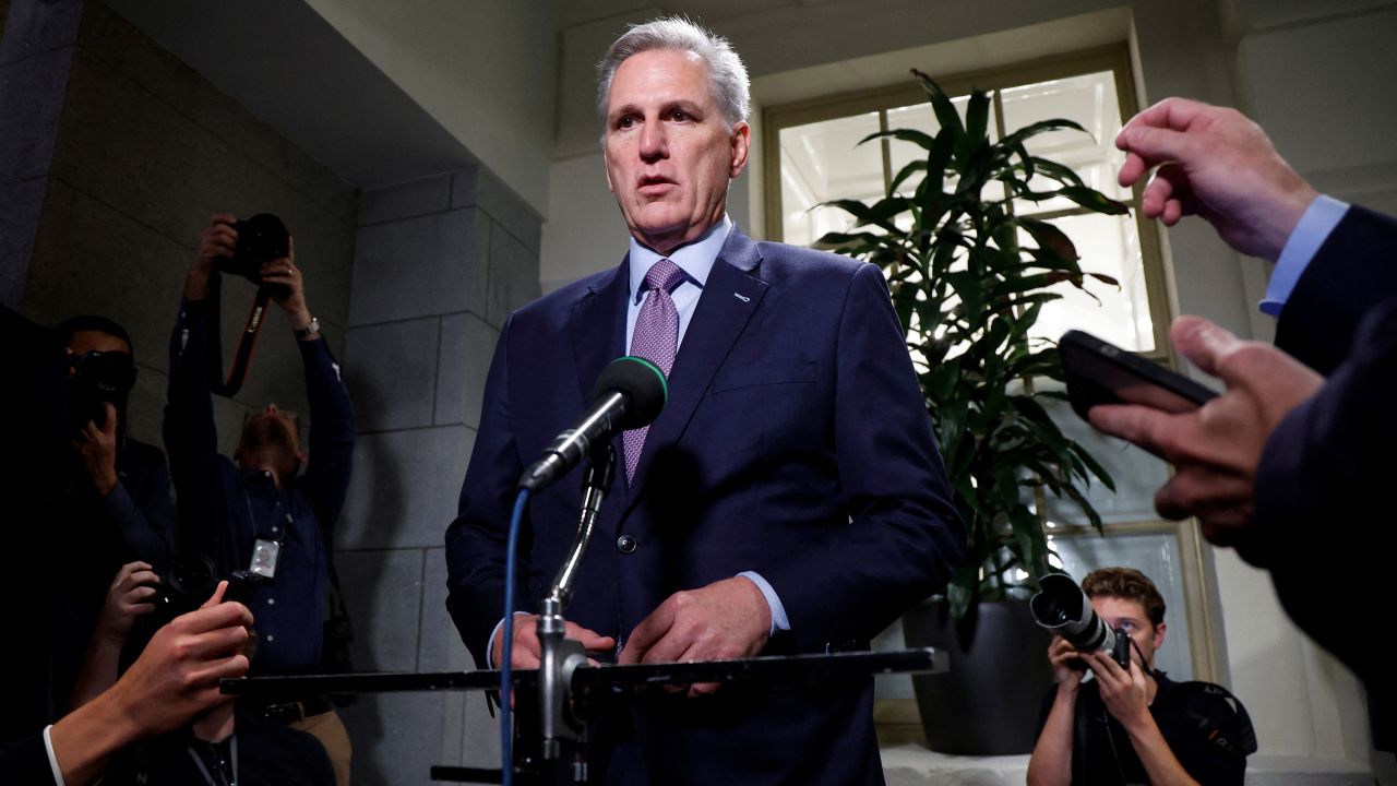 House Speaker Kevin McCarthy speaks with reporters at the U.S. Capitol in Washington, DC, October 3, 2023.  